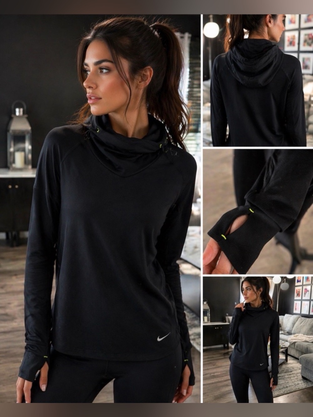 Nike Dri-FIT Running Hoodie Thumbhole Pullover Black Size Medium